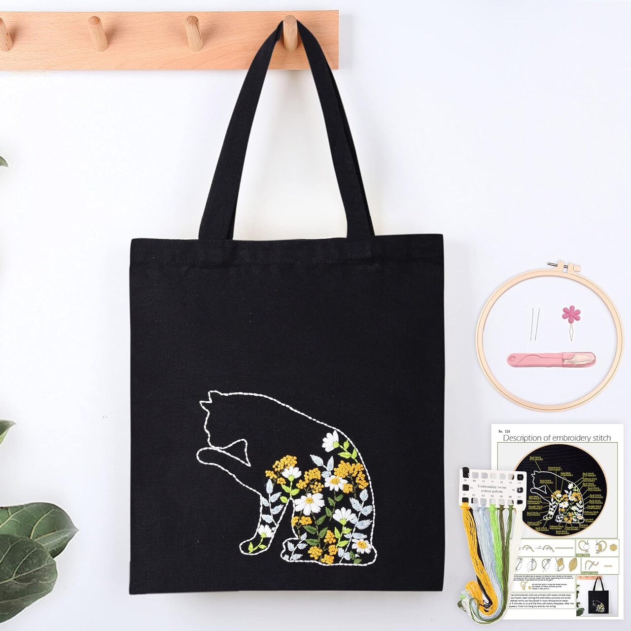 Beginner Canvas Tote Bag Embroidery Kit – Black Kitten Cross Stitch with Hoop & Threads